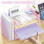 Desk Organizer and Accessories, 4-Tier Desktop File Organizer with Drawer and 2 Pen Holders, Office Desk Accessories for Office Supplies(Pink)