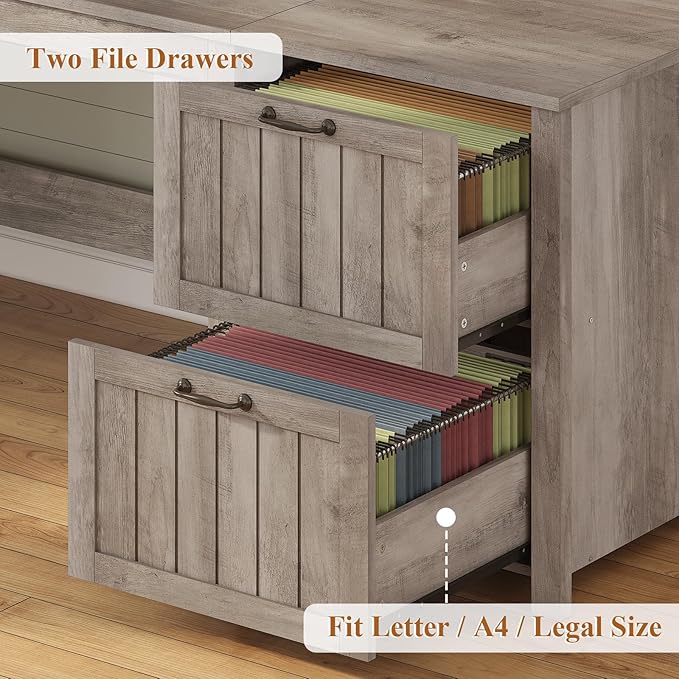 SEDETA Farmhouse 63" Executive Desk, Wood Computer Desk with Drawers and Storage Cabinet, Home Office Desk with File Drawer and Monitor Stand, Wood Desk for Work Study Writing, Grey