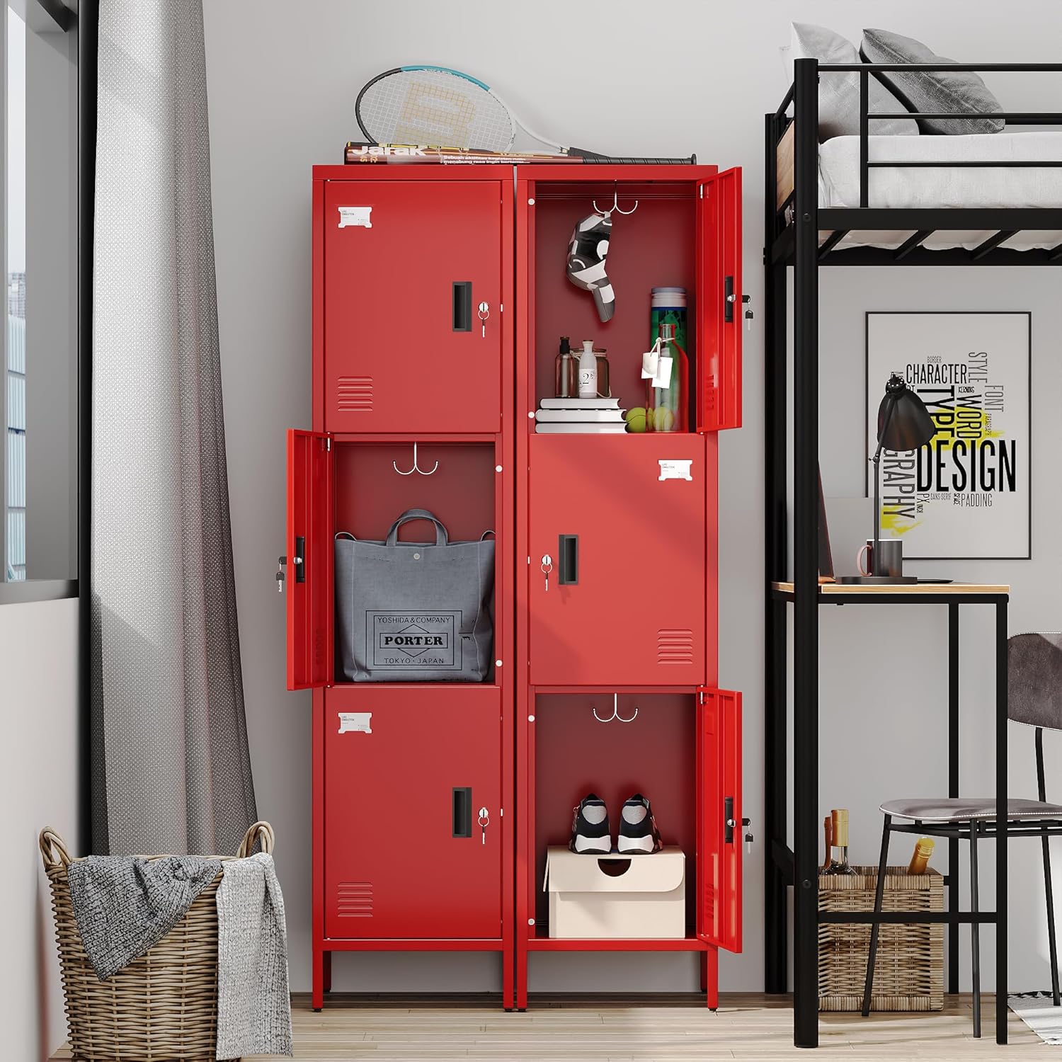 Metal Locker with Hooks and Ventilation Holes,Metal Storage Locker with Keys and Business Card Slof for Home,Gym,Garage,School,Office,66" H x 15.75" W x 15.75" D,Assembly Required,Red