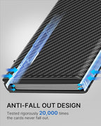 typecase Mens Wallet Card Holder: Pop Up Aluminum Case, Genuine Leather, Smart, RFID Blocking, Slim, Minimalist, Front Pocket - 9-14 Card Capacity | ID Window | Cash Slot (Carbon Fiber Navy)