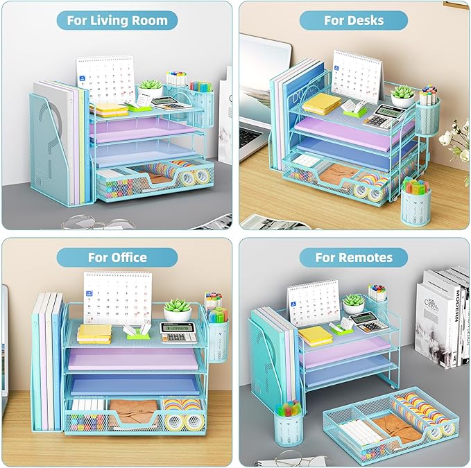 Marbrasse Desk Organizer and Accessories，4-Tier Paper Letter Tray Organizer with File Holder, Desk Accessories & Workspace Organizers with Drawer and 2 Pen Holder (Blue, 15.4" x 9.1" x 8.3")