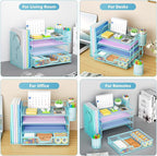 Marbrasse Desk Organizer and Accessories，4-Tier Paper Letter Tray Organizer with File Holder, Desk Accessories & Workspace Organizers with Drawer and 2 Pen Holder (Blue, 15.4" x 9.1" x 8.3")