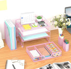 Marbrasse Desk Organizer and Accessories，4-Tier Paper Letter Tray Organizer with File Holder, Workspace Desk Organizers Accessories with Drawer and 2 Pen Holder (Pink, 15.4" x 9.1" x 8.3")