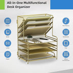 4-Tier Paper Organizer + 3-Pocket File Holder + Drawer + Pen Holders, Desktop File Organizers Paper Tray for Office Supplies School Classroom Organization (Gold, no Drawer & Pen Holder)
