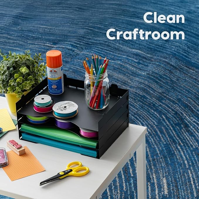 IRIS USA Metal Letter Tray Paper Organizer, 4 Pack, for Letter/A4 File Holder Paperwork Document, Stackable Desktop File Organizer Tray Paper Basket Rack for Office Supplies Home Work, Black