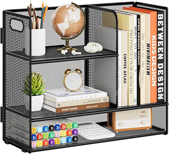 Marbrasse 2-Tier Desk Shelf Organizer with Handle, Desktop Bookshelf File Holder, Mesh Display Shelf Organizer Storage Rack for Office, Home, Supplies, Kitchen (Black)
