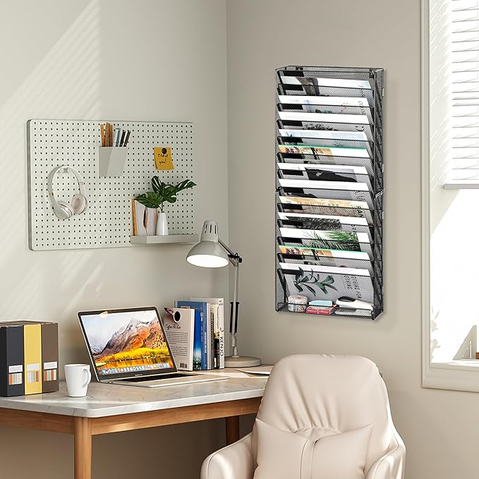 EasyPAG 14 Tier Wall File Holder with Flat Tray, Black | Easy Assemble Mesh Desk File Organizer | 13-Folder Paper Storage | Replaceable Classify Labels | Space Saving Mail Organizer for Office Home