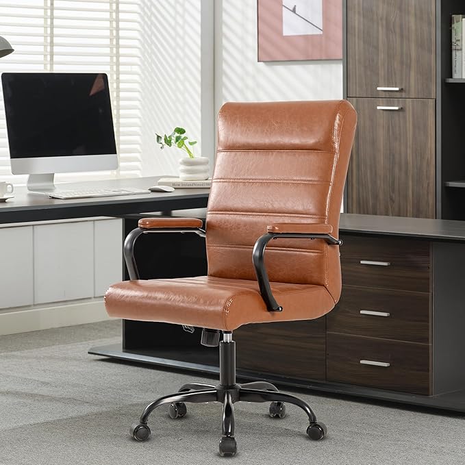 Office Desk Chair,Modern Leather Conference Room Chairs,High Back Home ofiice Chair,Adjustable Height Swivel Executive Computer Chair with Padded Seat and Armrest (Brown with Black Frame)