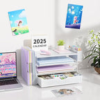 Wood Desk Organizers and Accessories with File Holder, 4-Tier Desk Accessories & Workspace Organizers with Drawer and Pen Holder, Paper Organizer for Office Supplies (White)