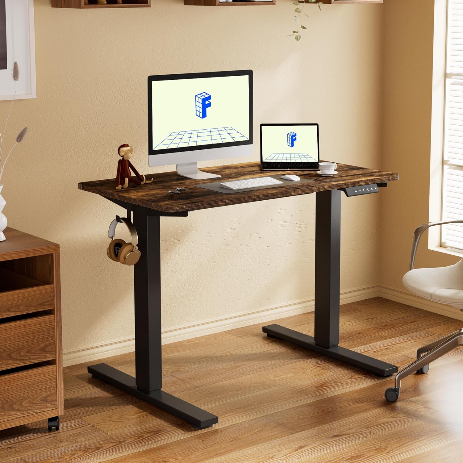 FLEXISPOT EN1 Whole-Piece Standing Desk, 48x30 Electric Sit Stand Desk for Home Office (Black Frame + Rustic Top, 2 Packages)