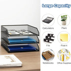 Natwind 3-Tier Stackable Paper Tray, Metal Mesh Desktop Organizer, A4 Desk Organizer, Stackable Letter Trays, File Folder Sorter Organizer with Sliding Tray for Home, Office, School (Black)