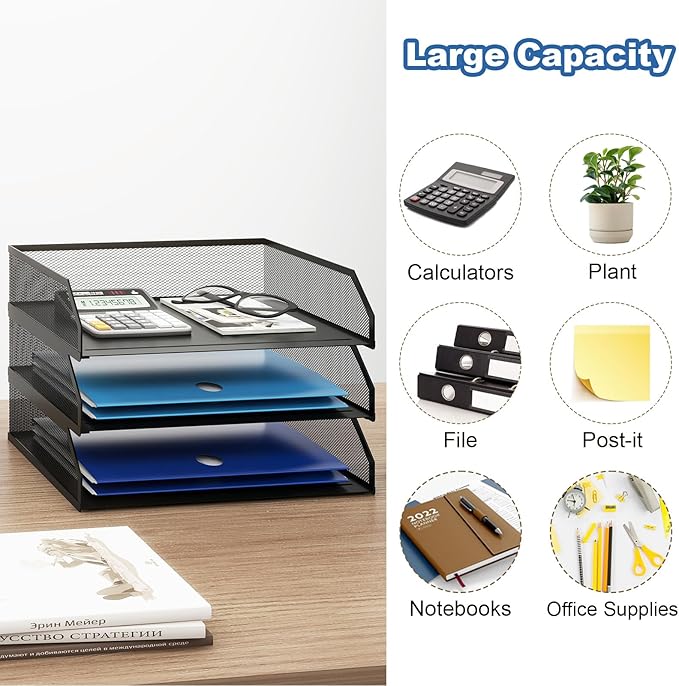 Natwind 3-Tier Stackable Paper Tray, Metal Mesh Desktop Organizer, A4 Desk Organizer, Stackable Letter Trays, File Folder Sorter Organizer with Sliding Tray for Home, Office, School (Black)