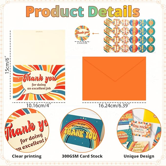 24 Pack Employee Appreciation Gifts Employee Thank you Cards with Envelopes & Stickers 4" x 6" Thank You Business Cards Staff Appreciation Gifts for Team Coworkers Employee Work Anniversary, 6 Designs