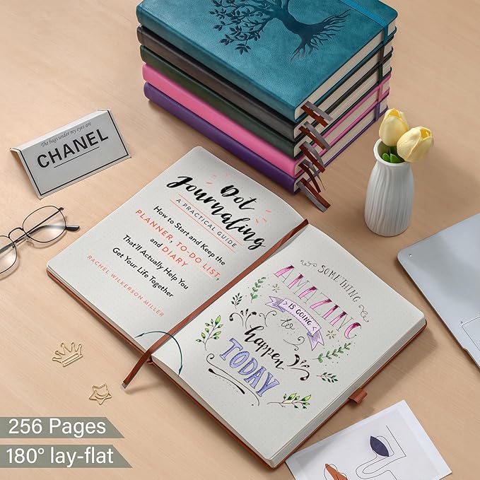 ZXHQ A5 Bullet Dotted Journal Notebook-150gsm Thick Paper, 256 Pages, Dot Grid Hardcover, Tree of Life Design, Fine Inner Pocket - 5.9" × 8.5" Brown