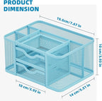 Marbrasse Mesh Desk Organizer, Pen Organizer with 2 Drawer, Multi-Functional Pencil Holder, Desk Organizers and Accessories with 5 Compartments + Drawer for Office Art Supplies (Blue)