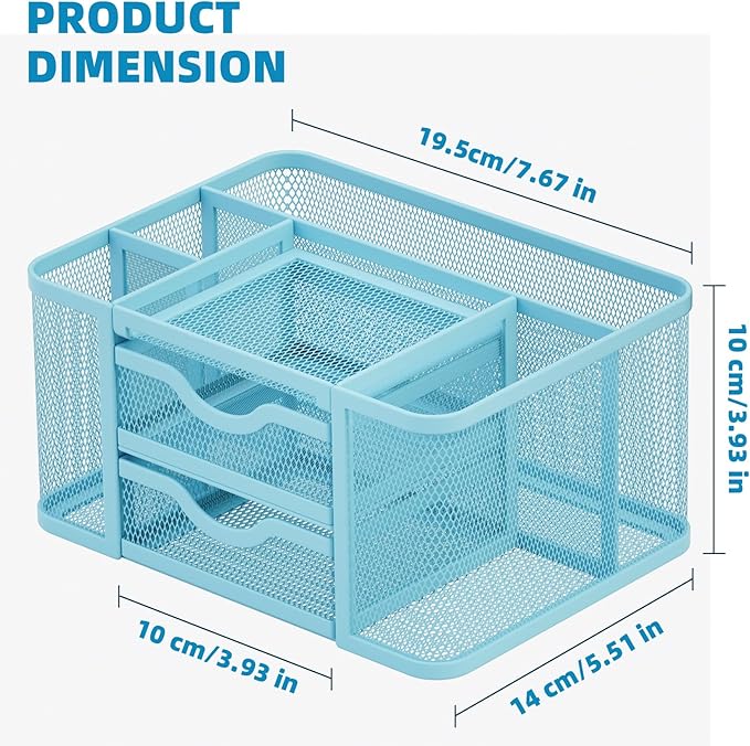 Marbrasse Mesh Desk Organizer, Pen Organizer with 2 Drawer, Multi-Functional Pencil Holder, Desk Organizers and Accessories with 5 Compartments + Drawer for Office Art Supplies (Blue)