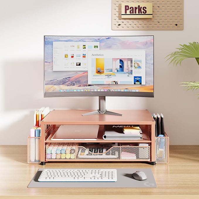 Desk Organizers and Accessories, 2-Tier Computer Monitor Stand with Drawer and 2 Pen Holders, Laptop Stand, Office Desk Accessories for Office Supplies, Rose Gold