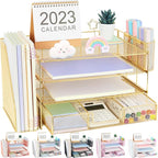 Desk Organizer and Accessories, 4-Tier Desktop File Organizer with Drawer and 2 Pen Holders, Office Desk Accessories for Office Supplies(Gold)
