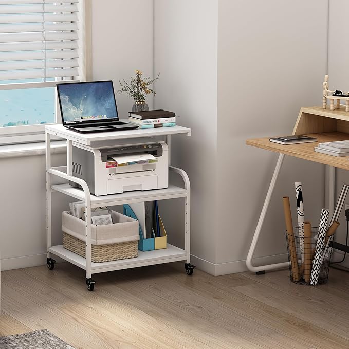 White Printer Stand, 23.6 x18.9 x 30 Inches Big Size Printer Table with Adjustable Shelf, 3 Tier Rolling Printer Cart with Wheels for Home Office Storage and Organization
