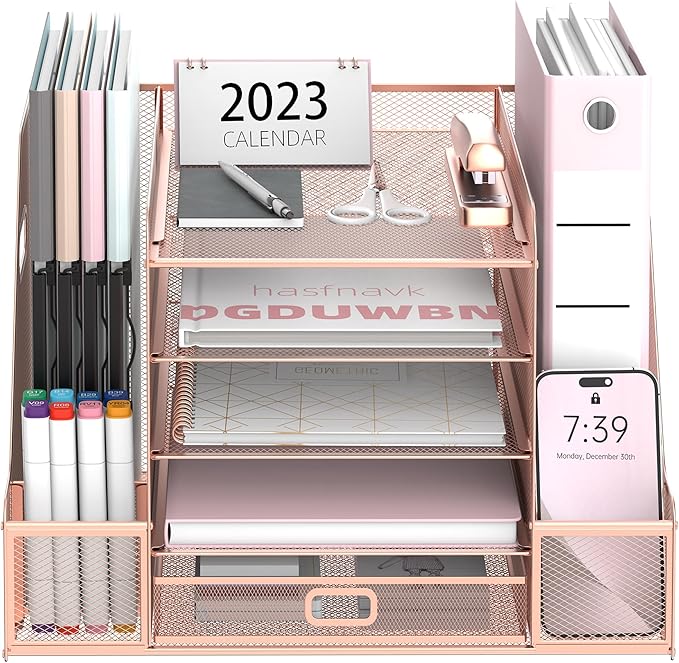 SUPEASY Mesh Desk Organizer with File Holder, 5-Tier Paper Letter Tray Organizer with Magazine Holder, Desktop Organizer and Storage with Drawer for Office Supplies Home or School, Rose Gold