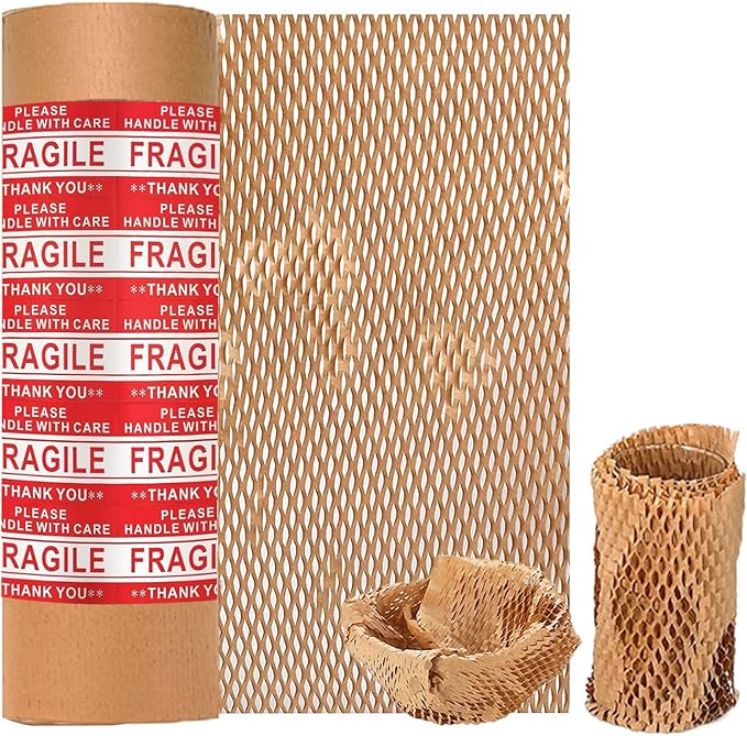 Honeycomb Packing Paper Wrap 15"x400' Sustainable Alternative to Bubble Cushioning Wrap Packing paper for Moving/shipping/packing Roll with 20 Fragile Sticker Biodegradable & Fully Recylable