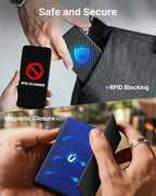 typecase Mens Wallet Card Holder: Pop Up Aluminum Case, Genuine Leather, Smart, RFID Blocking, Slim, Minimalist, Front Pocket - 9-14 Card Capacity | ID Window | Cash Slot (Carbon Fiber Navy)