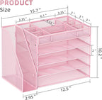 Marbrasse 5-Tier Desk Organizer with File Holder,Paper Letter Tray Organizer,Desktop File Organizer with Adjustable Compartments,Mesh Desk Organizers and Accessories for Office Supplies,Pink