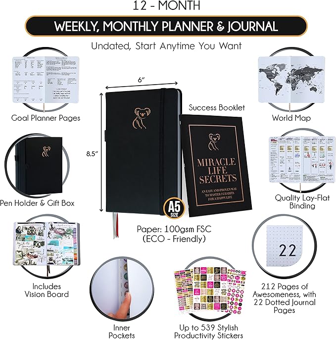 Life Planner - Gratitude Journal for Men & Women | Daily, Weekly & Monthly Planner with Budget Section, Time Blocking, Habit Tracker for Peace of Mind Planning to Increase Productivity & Happiness