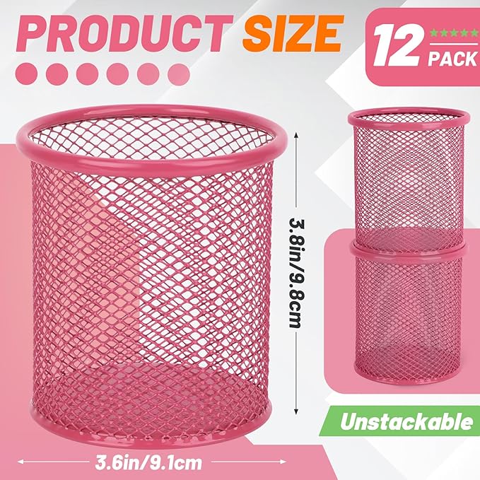 Segarty Pen Holer, 12 Pack Round Dark Pink Pencils Holder for Desk, Metal Mesh Pen Cup Container Marker Organizer Set for Office, School, Home, Desktop Storage and Organization