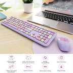 Wireless Keyboard and Mouse Combo, Colorful Ergonomic Full Size Retro Low-Noise Keyboard with Cute keycaps, Compatible with Windows, PC, Perfer for Home and Office Keyboards (Purple)