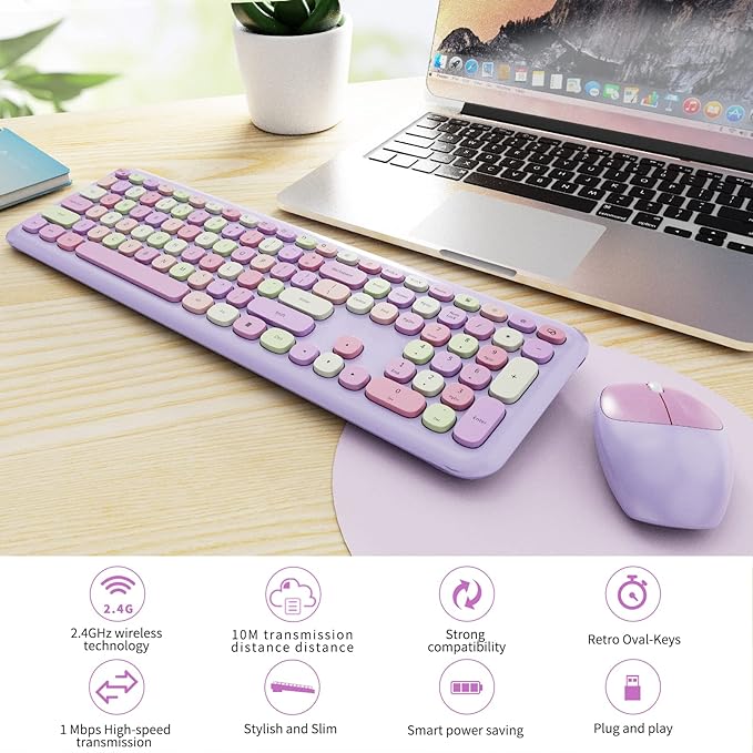 Wireless Keyboard and Mouse Combo, Colorful Ergonomic Full Size Retro Low-Noise Keyboard with Cute keycaps, Compatible with Windows, PC, Perfer for Home and Office Keyboards (Purple)