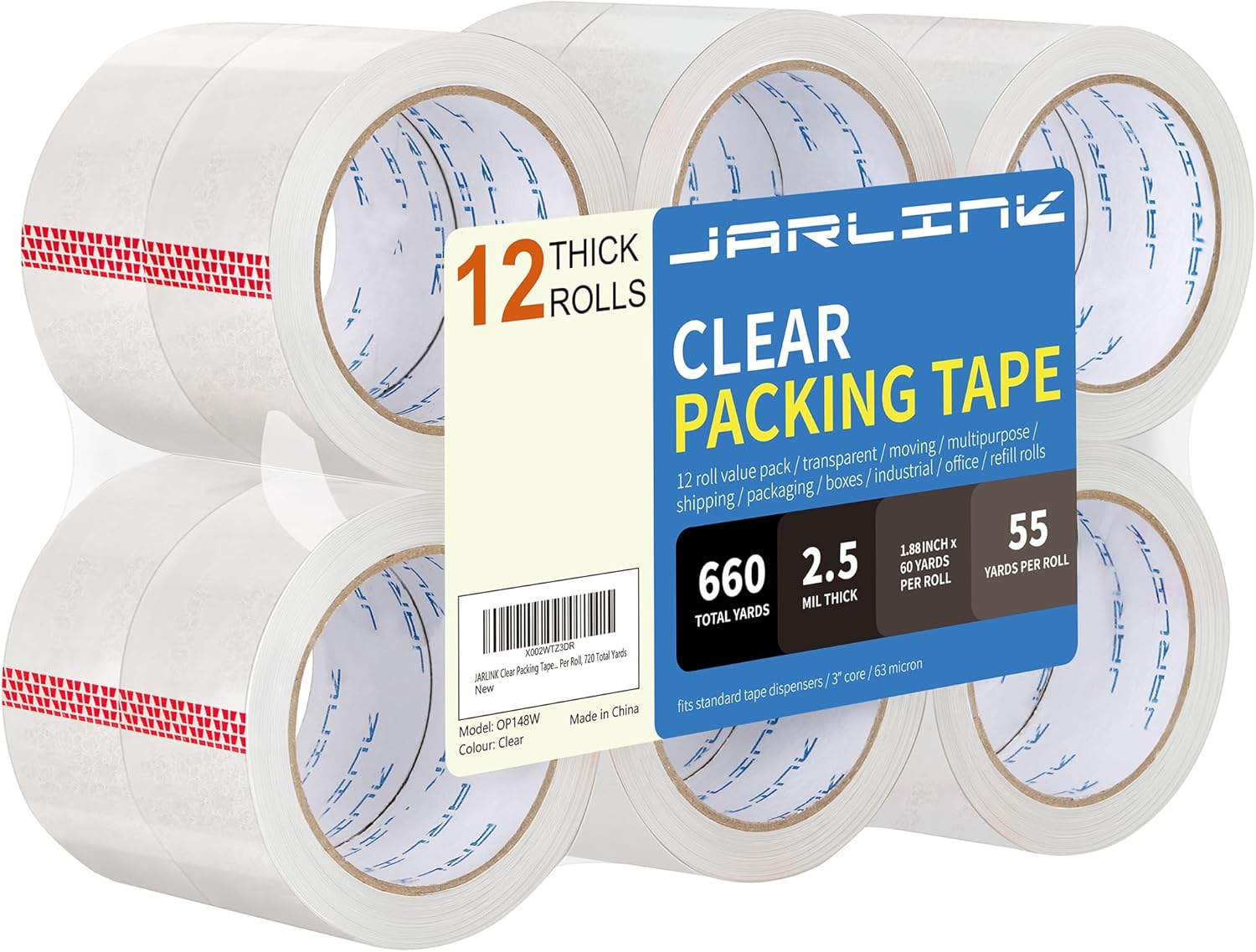 JARLINK Clear Packing Tape (12 Rolls), Heavy Duty Packaging Tape for Shipping Packaging Moving Sealing, 1.88 inches Wide, 55 Yards Per Roll, 660 Total Yards