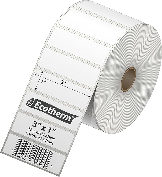 3" x 1" Thermal Labels | 6 Rolls | 15000 Labels | fits Zebra, Munbyn, Rollo, Godex, Arkscan, iDPRT, Offnova Thermal Label Printers and More | Blank White Adhesive Stickers by Ecotherm