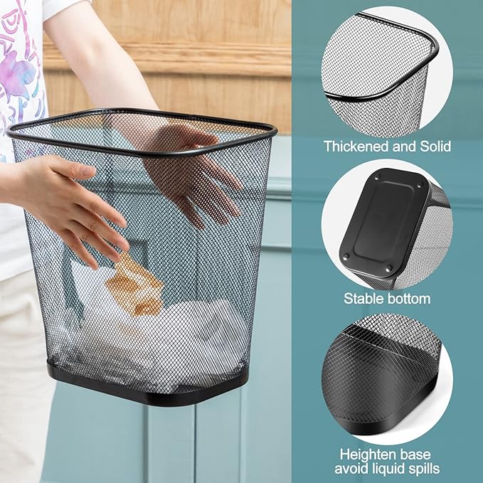 6 Pieces Mesh Square Trash Cans 4 Gallons Wire Wastebasket for Home Black Metal Office Garbage Cans Rectangular Open Top Trash Bin for Kitchen Bathroom Bedroom Dorm Room, 11.7 x 8.5 x 11.8 Inch