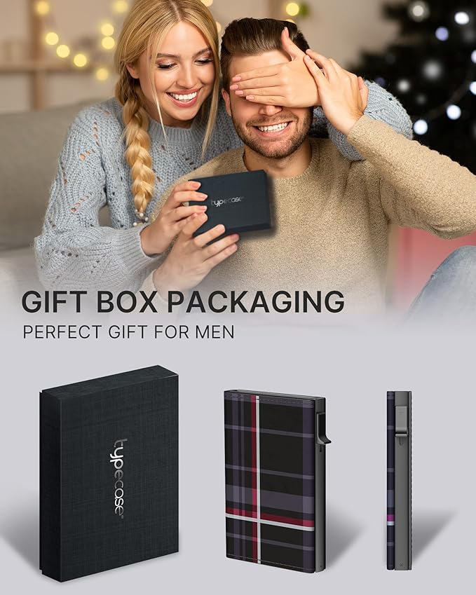 typecase Mens Wallet Card Holder: Pop Up Aluminum Case, Carbon Fiber Leather, Smart, RFID Blocking, Slim, Minimalist, Front Pocket - 9-14 Card Capacity | ID Window | Cash Slot (Plaid)