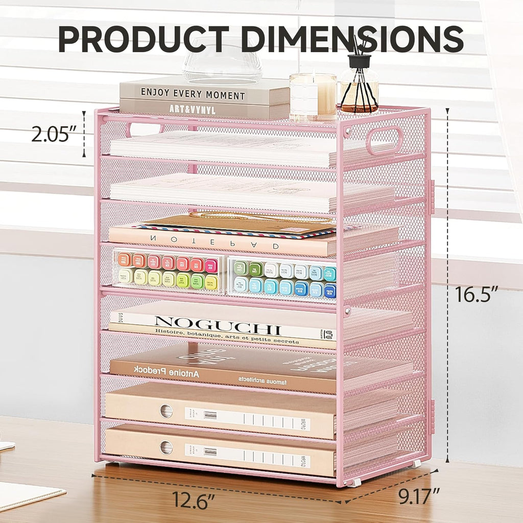 Subekyu 9 Tier Paper Letter File Tray Organizer for Desk, Pink Large Mesh Desk Folder Sorter Organizer with Handle, Include 6 Pcs Adjustable Height Slid Tray for Office Home School Supplies Storage