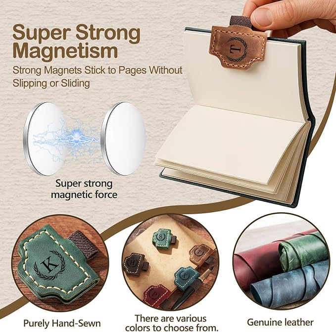 Personalized Magnetic Leather Bookmark with Pen Holder - 26 Letters Custom Book Mark with Name Initial Engraved Book Marker for Readers, Book Lovers, Travelers - Gift for Women & Men(Light Brown，D