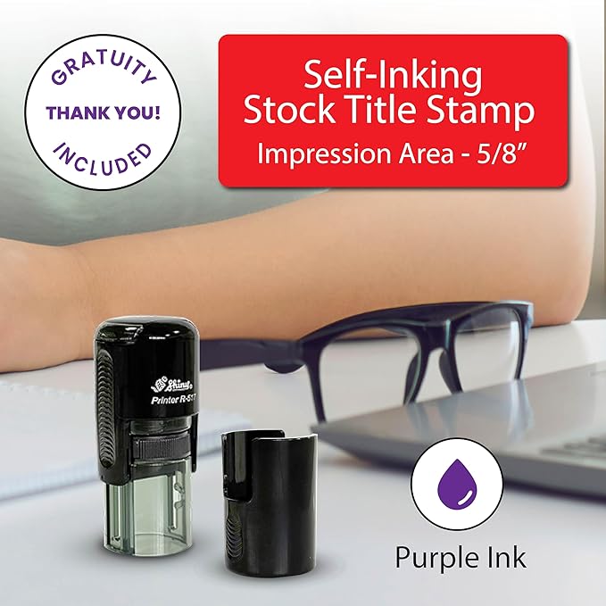 Shiny Gratuity Included Stamp, Round Self Inking Stamp for Restaurant, Bar and Retail, Purple Ink