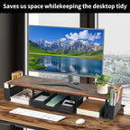 Desk Dual Monitor Stand Riser - Desk Organizer with Drawer and Pen Holders, Office Desk Accessories & Workspace Organization, Computer Monitor Stand for Laptop, Printer, TV, Office Decor, Wood