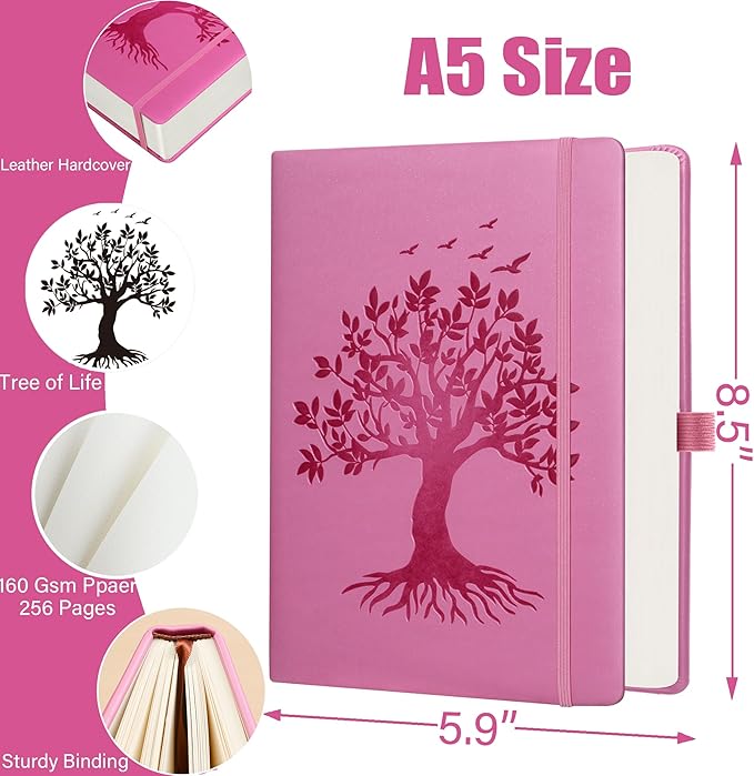 ZXHQ A5 Bullet Dotted Journal Notebook for Women -150gsm Thick Paper, 256 Pages, Dot Grid Hardcover, Tree of Life Design, Fine Inner Pocket - 5.9" × 8.5" Pink