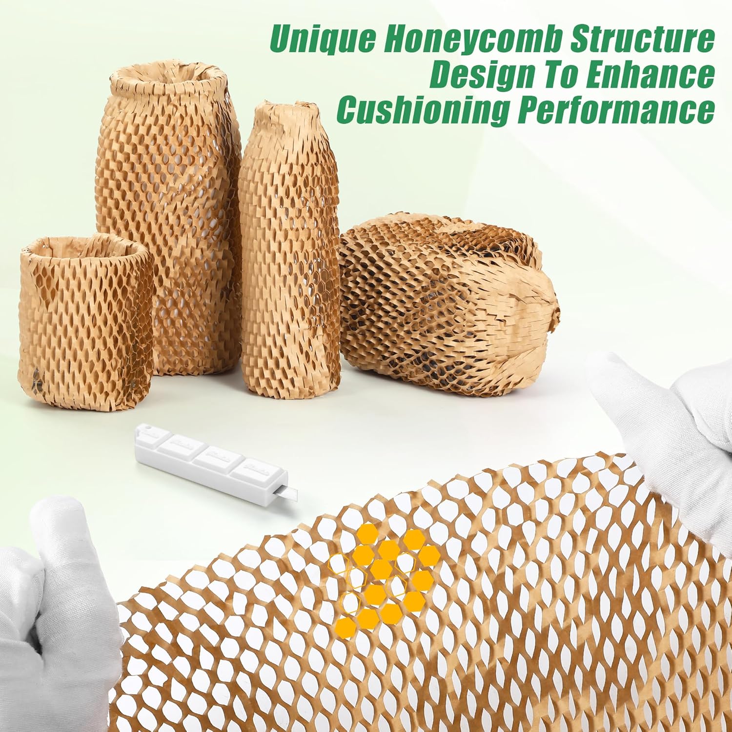 12"x300Ft Honeycomb Packing Paper & Bubble Wrap for Moving - FSC Certified Recyclable Packaging Kit with 40 Pcs Fragile Stickers & Safety Cutter (Eco-Friendly Heavy Duty Protection)