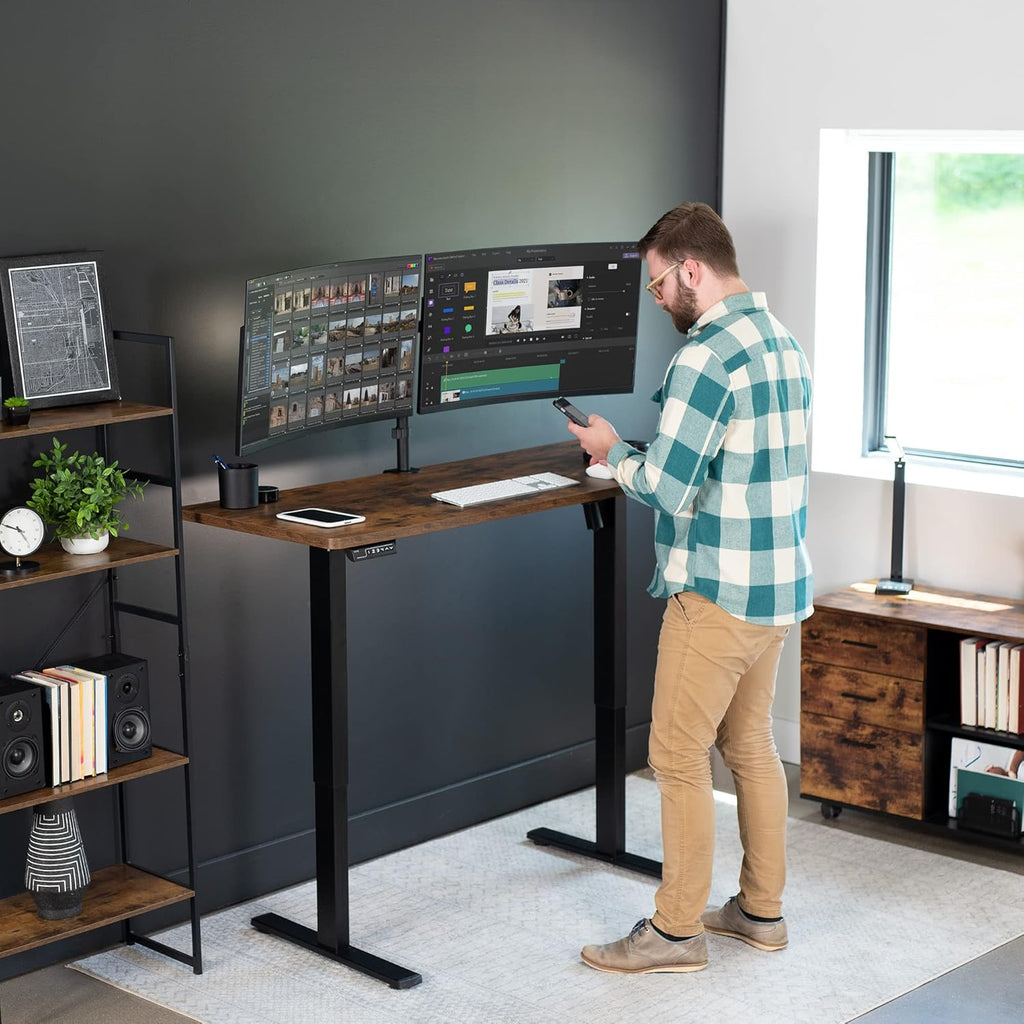 VIVO Electric 60 x 24 in Rustic Standing Desk, Memory Height Adjustment, 1B Series, One-Piece Vintage Brown Top, Black Frame, DESK-KIT-1B6N