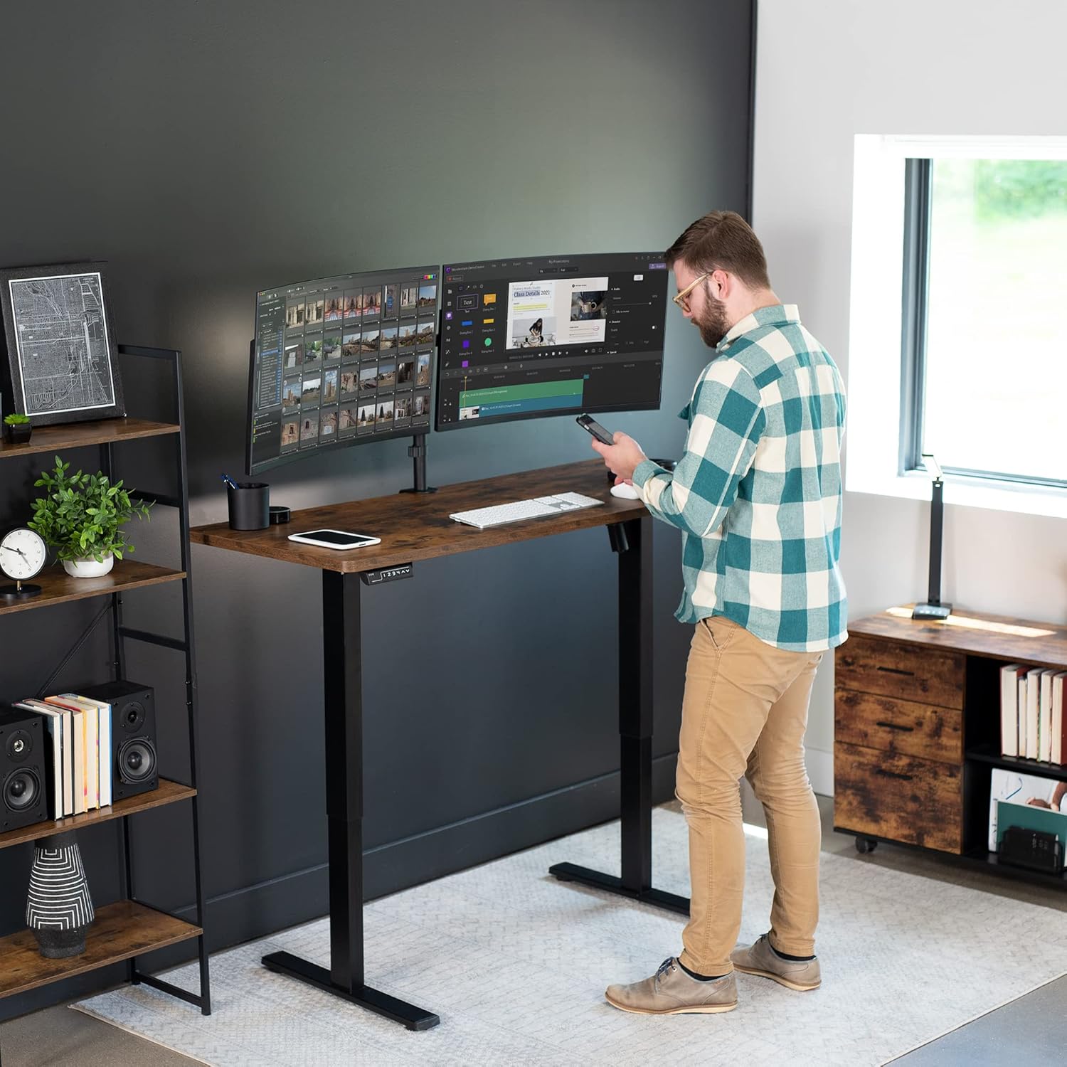 VIVO Electric 60 x 24 in Rustic Standing Desk, Memory Height Adjustment, 1B Series, One-Piece Vintage Brown Top, Black Frame, DESK-KIT-1B6N