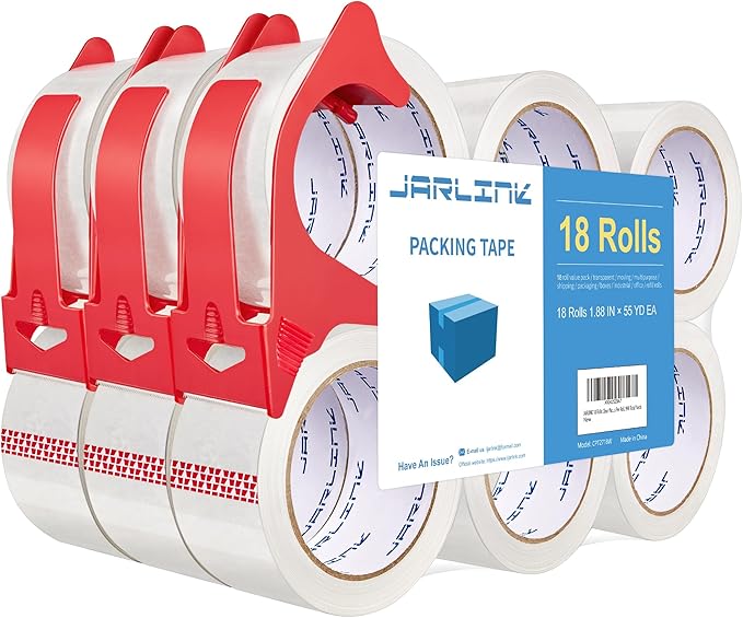JARLINK 18 Rolls Clear Packing Tape with 3 Dispensers, Heavy Duty Packaging Tape Refills for Shipping Packaging Mailing, 2.7mil Thick, 1.88 inches Wide, 55 Yards Per Roll, 990 Total Yards