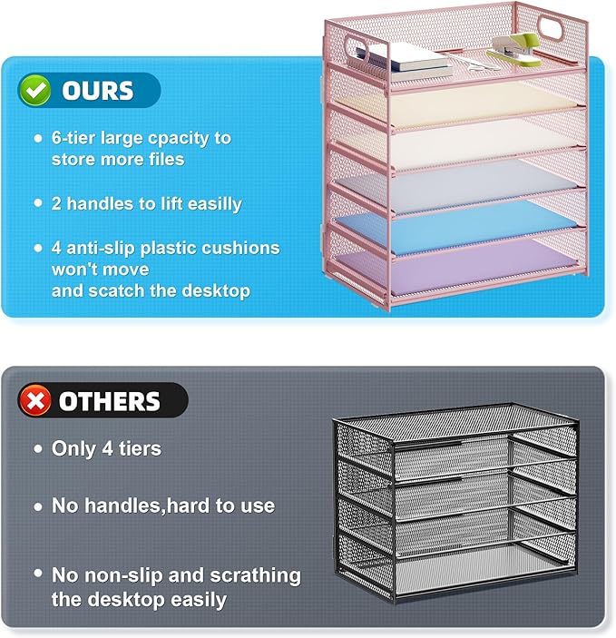 Marbrasse 6 Tier Paper Organizer Letter Tray - Mesh Desk File Organizer with Handle, Paper Sorter for Letter/A4 Office File Folder Holder -Pink