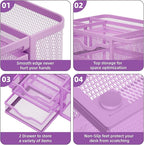 Marbrasse Mesh Desk Organizer, Pen Holder with 2 Drawer, Multi-Functional Pencil Holder, Desk Organizers and Accessories with 5 Compartments + Drawer for Office Art Supplies (Purple)