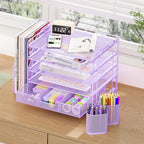 Desk Organizers and Accessories, 5-Tier Paper File Organizer with Drawer & Pen Holder, Office Desk Accessories Workspace Desktop Organizer for Office Supplies((Purple)