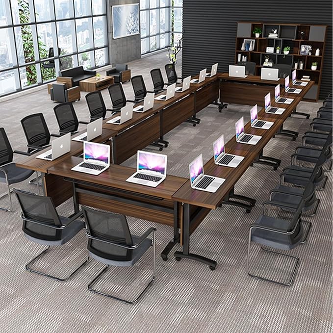 Folding Conference Table, Modern Large Conference Room Tables with Flip-Top Design, Foldable Conference Table Meeting Table with Wheels, Mobile Seminar Training Tables for Office Classroom (4, Walnut)