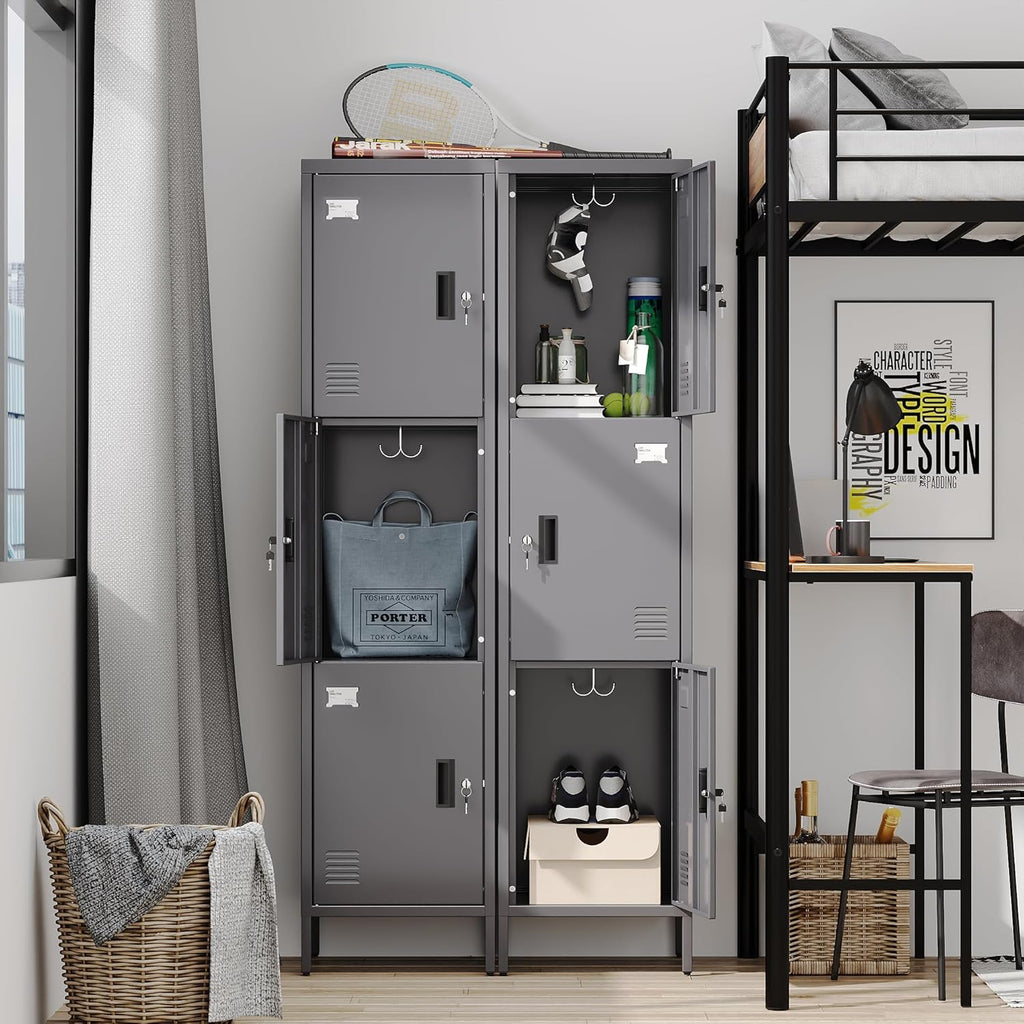 Metal Locker with Hooks and Ventilation Holes,Metal Storage Locker with Keys and Business Card Slof for Home,Gym,Garage,School,Office,66" H×15.75" W× 15.75" D,Assembly Required,Dark Grey