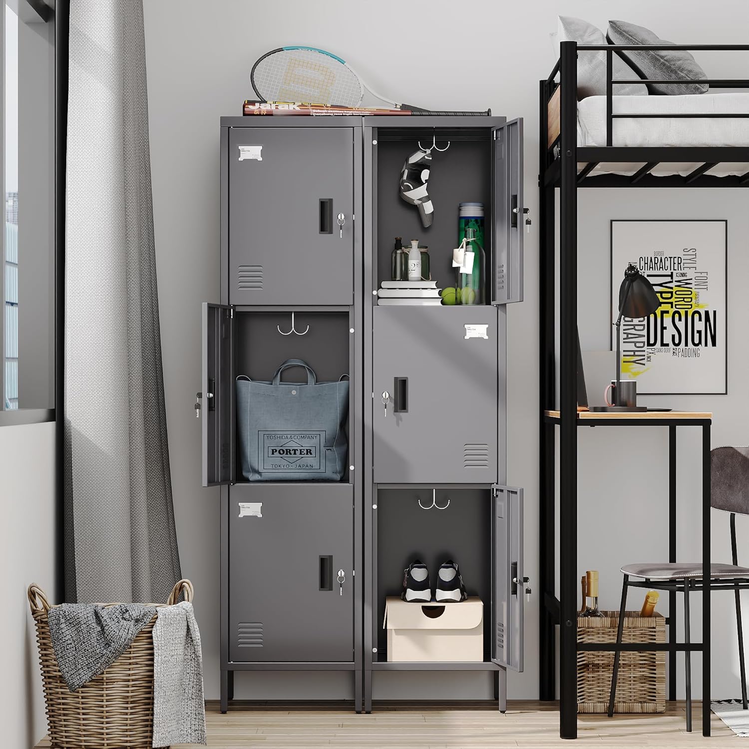 Metal Locker with Hooks and Ventilation Holes,Metal Storage Locker with Keys and Business Card Slof for Home,Gym,Garage,School,Office,66" H×15.75" W× 15.75" D,Assembly Required,Dark Grey